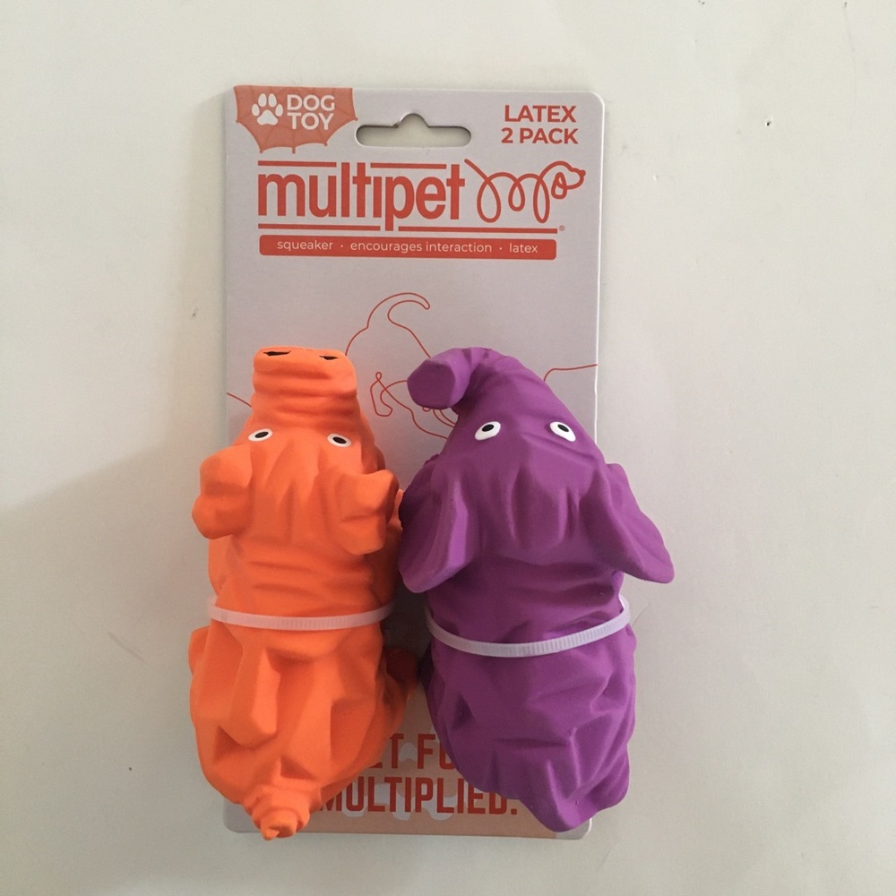 NEW (S) Dog Toys 2 Latex Squeakers Orange Globlet and Purple Elephant | Multipet